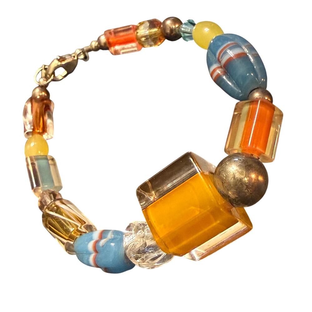 Colorful Artisan Glass Beaded Bracelet Sterling 925 Clasp